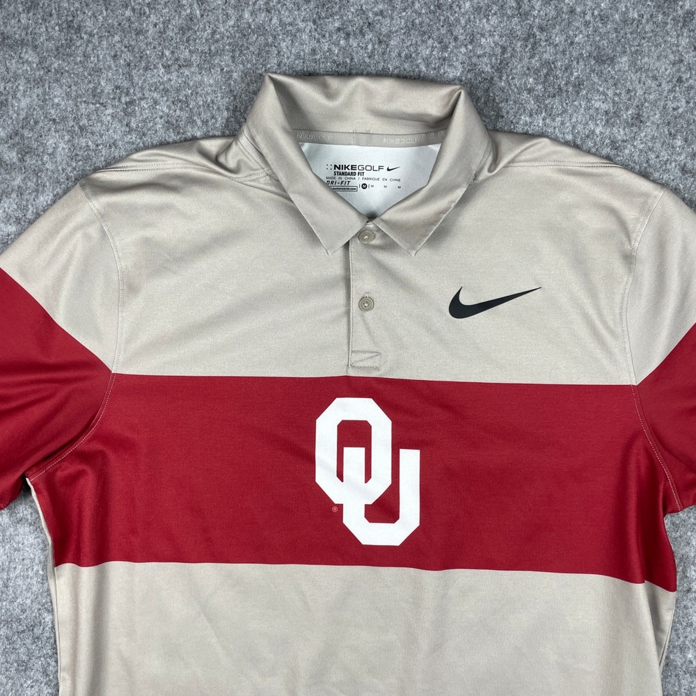 Oklahoma Sooners Polo Shirt Mens Medium Tan Crimson Nike Golf OU Dri-FIT